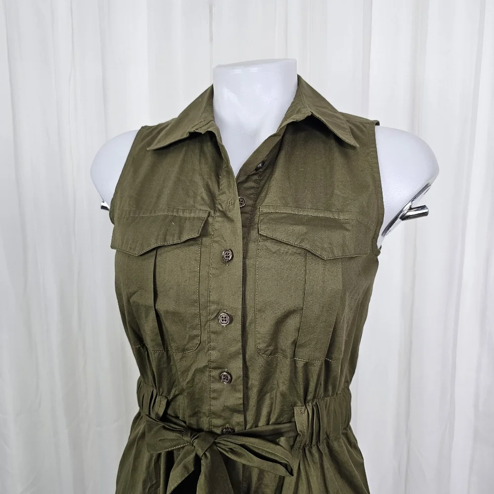 Marled Reunited Clothing Olive Green Belted Sleeveless Cargo Safari Dress XS - Picture 2 of 8